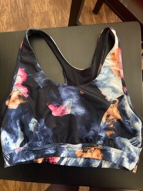 tek gear Abstract Tie-Dye Racerback Sports Bra - Navy with Pink & Orange Accents